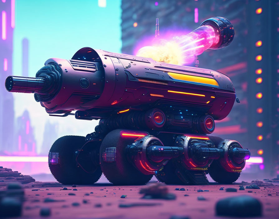 Futuristic tank with heavy artillery on neon-lit urban battlefield