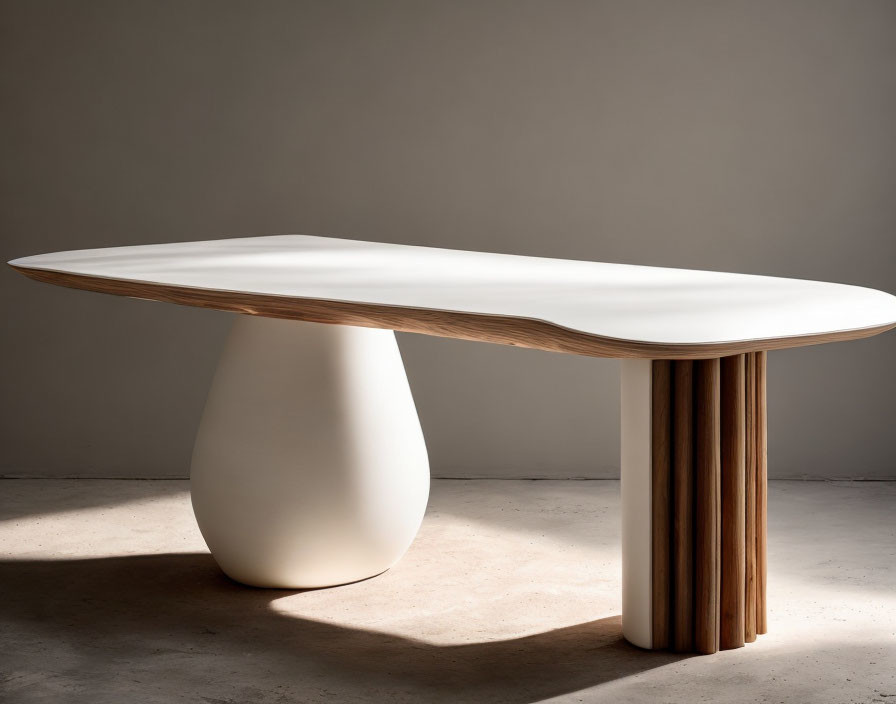 Modern white table with bulbous base and wooden slats in softly lit room