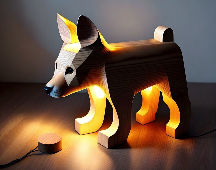 Wooden Dog-Shaped Lamp Emitting Glowing Light on Table