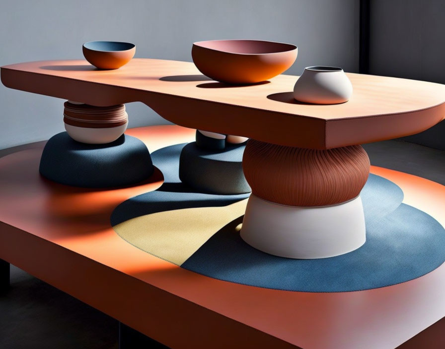 Modern Multi-Layered Coffee Table with Terracotta and Cream Colored Bowls on Multicolor