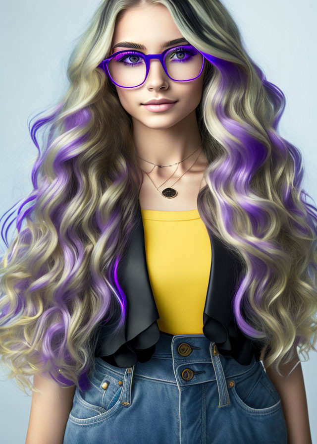 Stylized image of woman with long wavy hair, purple highlights, glasses, yellow top,