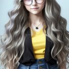 Stylized image of woman with long wavy hair, purple highlights, glasses, yellow top,