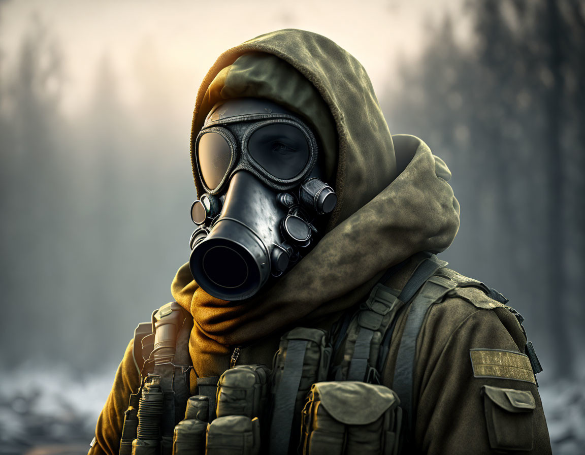 Person in Gas Mask and Military Gear in Misty Forest