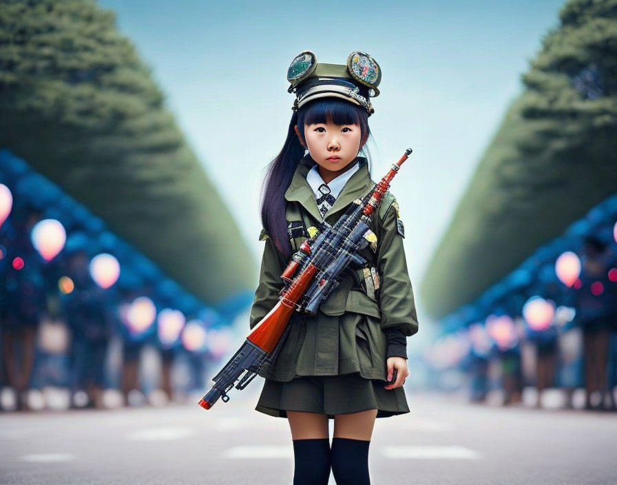 Young girl in military outfit with toy guns on road, trees & street lights in background