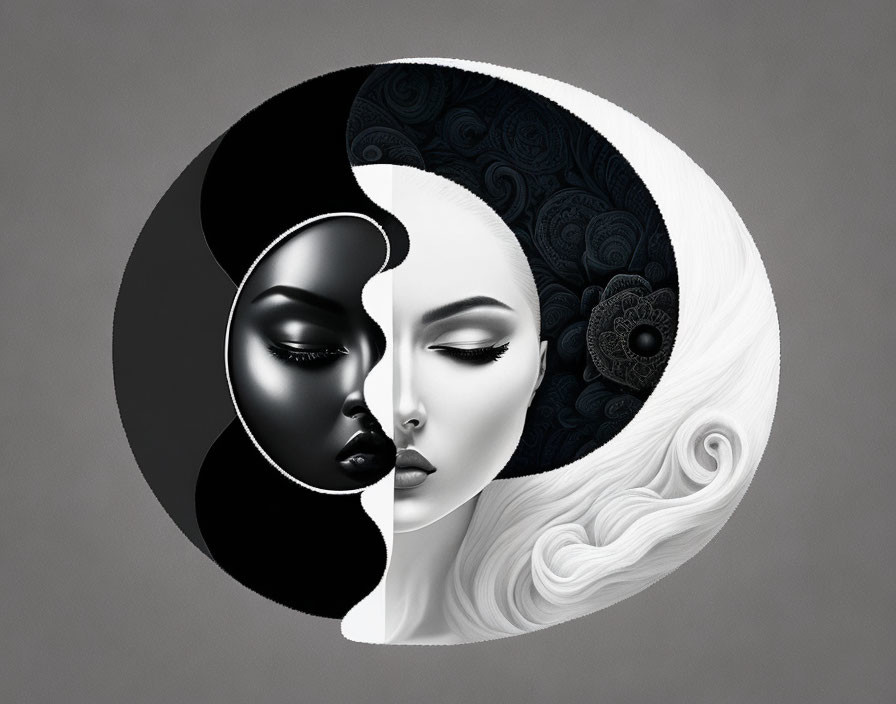 Yin-Yang Symbol with African and European Faces in Decorative Patterns