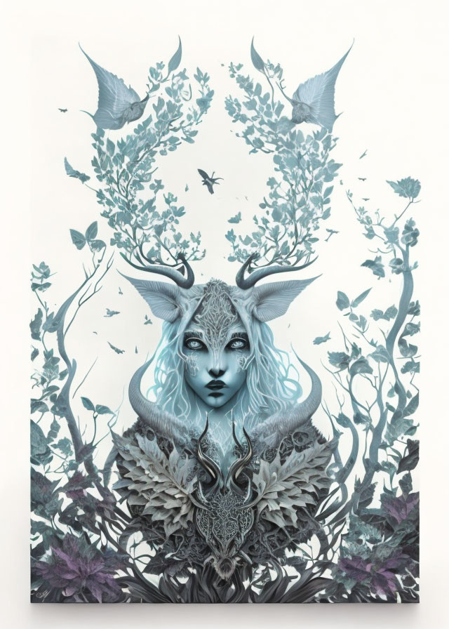 Surreal figure with deer-like horns in intricate botanical setting