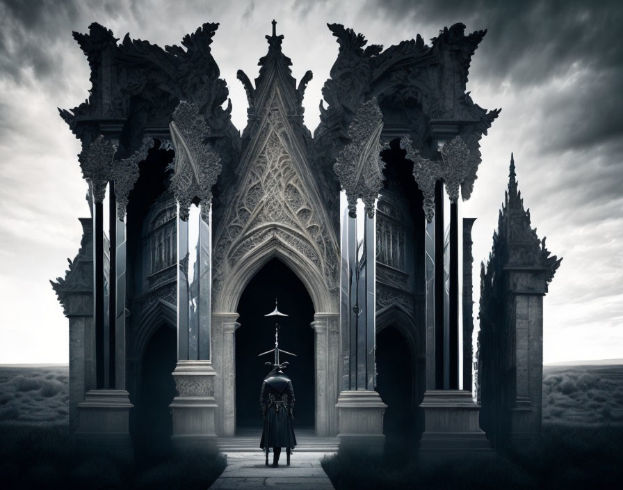 Armored figure in front of gothic building under dramatic sky