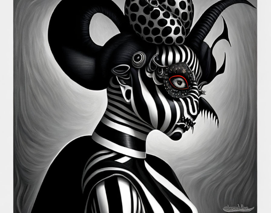 Surrealist monochrome artwork: humanoid figure with zebra stripes, ornate skull head, mechanical