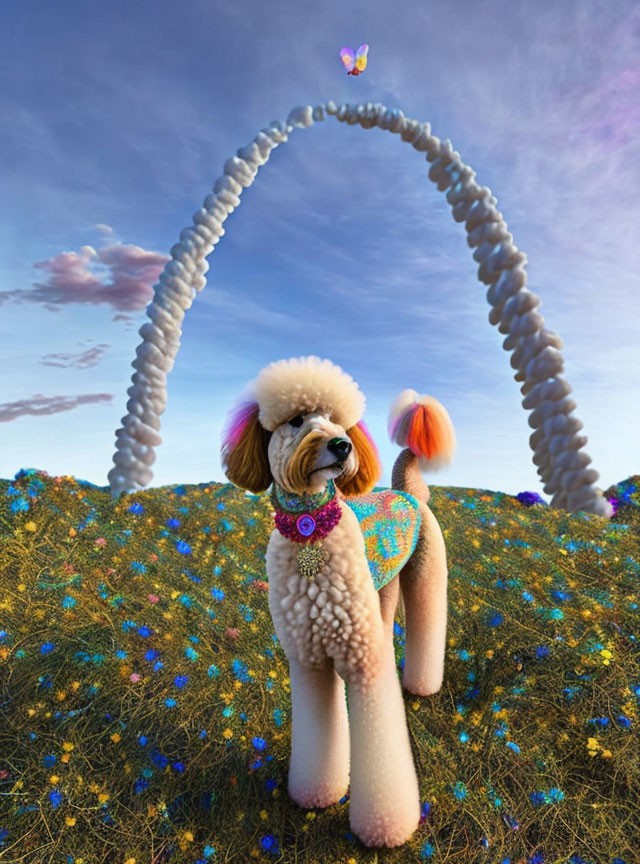 Colorful Poodle in Flowery Field with Butterfly and Bone Cloud