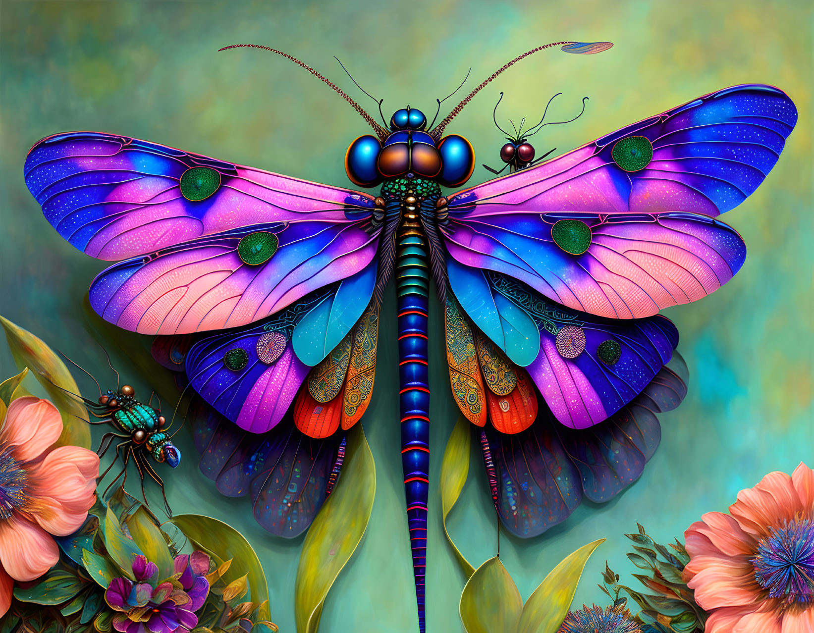 Colorful Oversized Butterfly Artwork Among Vibrant Flora