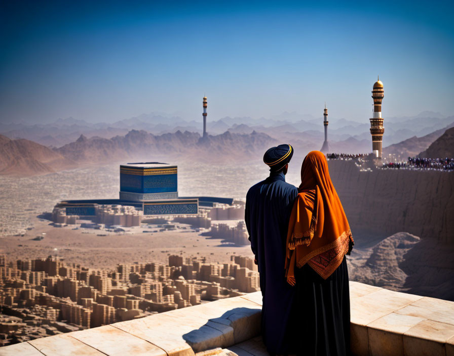 Traditional Clothing People View Desert Cityscape with Unique Architecture