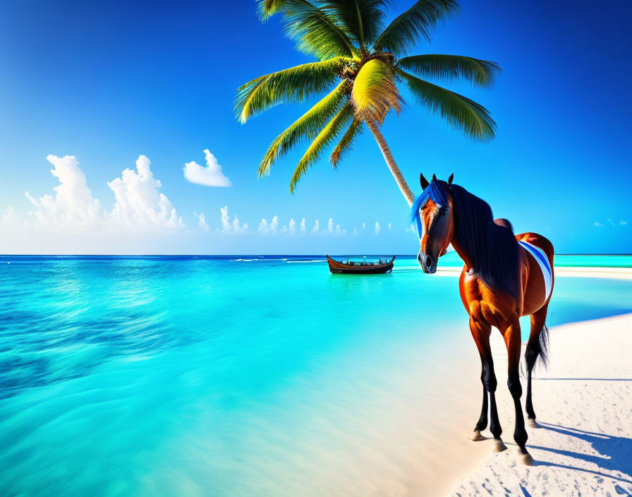 Horse on Pristine Beach with Palm Tree and Boat