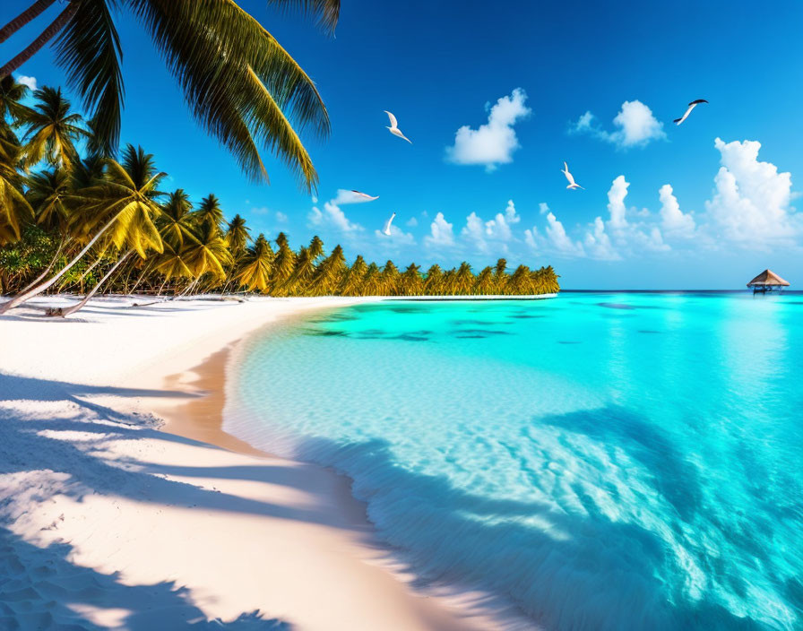 Idyllic Tropical Beach Scene with Palm Trees and Hut