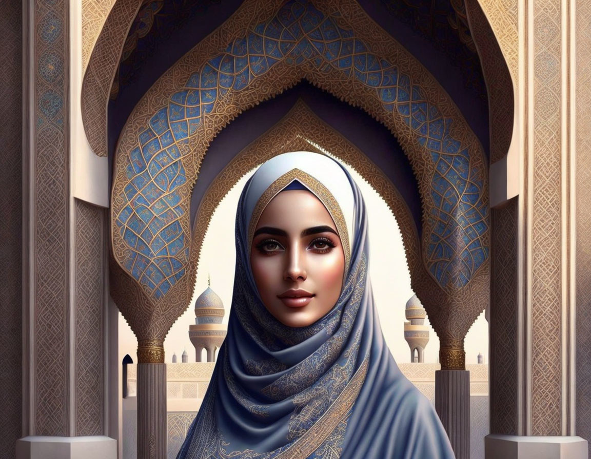 Woman in Blue Hijab Among Ornate Arches and Domes