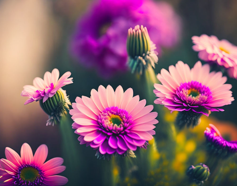 Vibrant pink and purple gerbera flowers close-up.