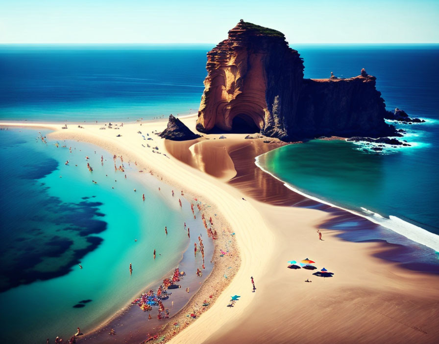 Coastal beach scene with rock formation, sandy shore, people, and blue-green waters