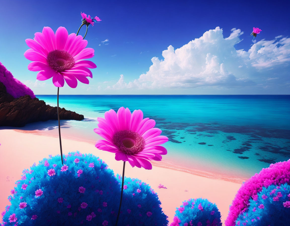 Vivid Pink Flowers with Blue Ocean and Sky Landscape