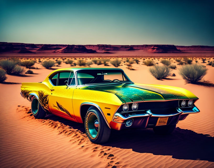 Vintage muscle car with flame paint on desert backdrop