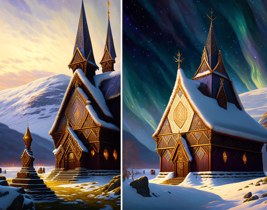 Stave church in snowy landscape with northern lights at dusk