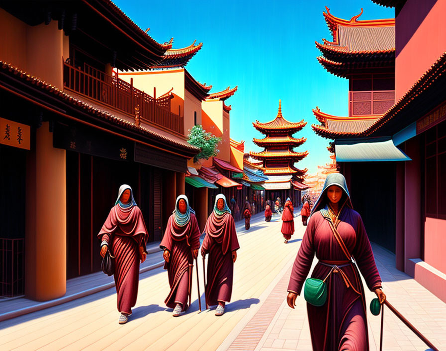 Robed Figures Walking in Vibrant Asian Street