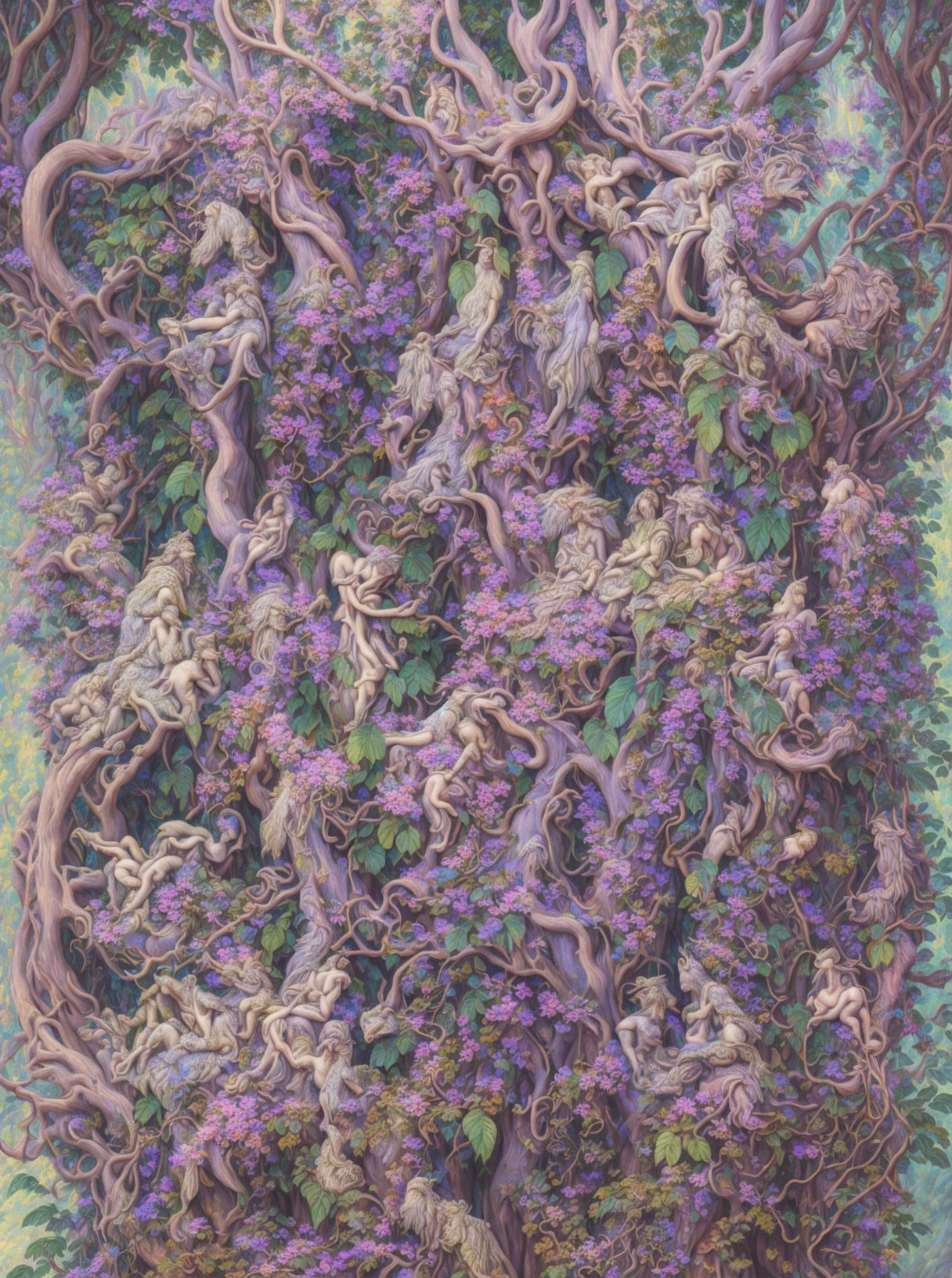 Fantasy-inspired tapestry of intertwined trees and floral elements in purple and green