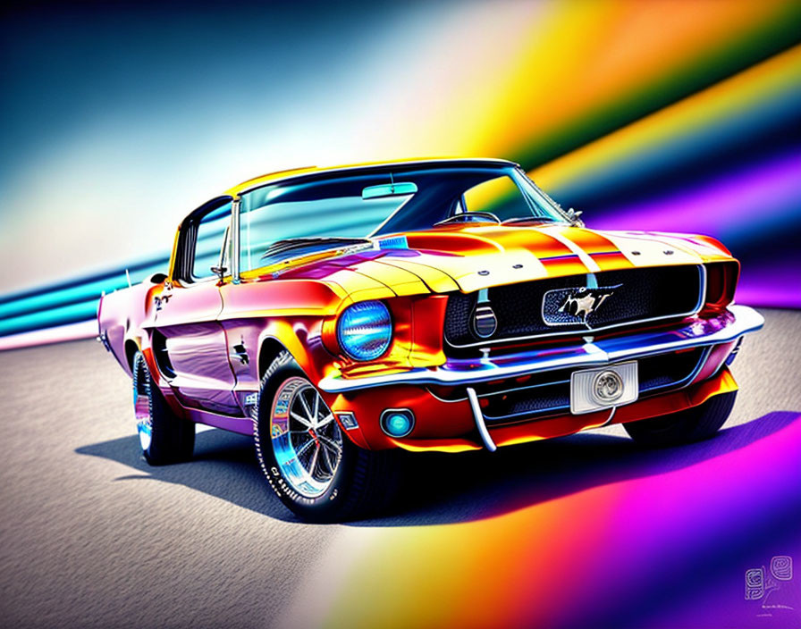 Colorful Illustration: Classic Ford Mustang with Vibrant Streaked Background