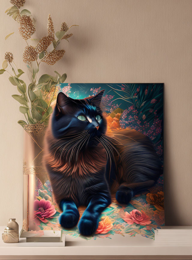 Majestic black cat canvas art print on vibrant floral background