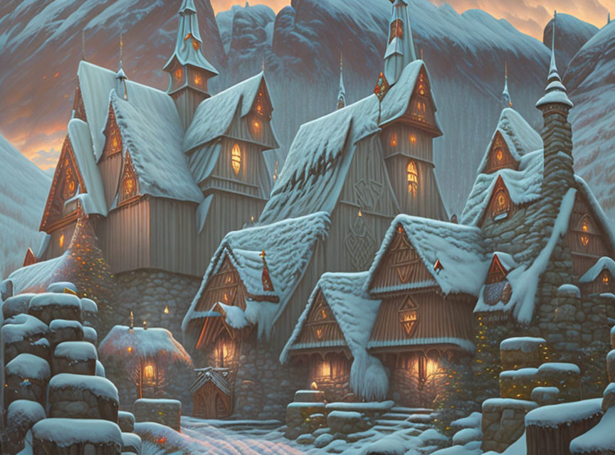 Winter Village Scene: Snowy Houses in Mountain Landscape at Dusk