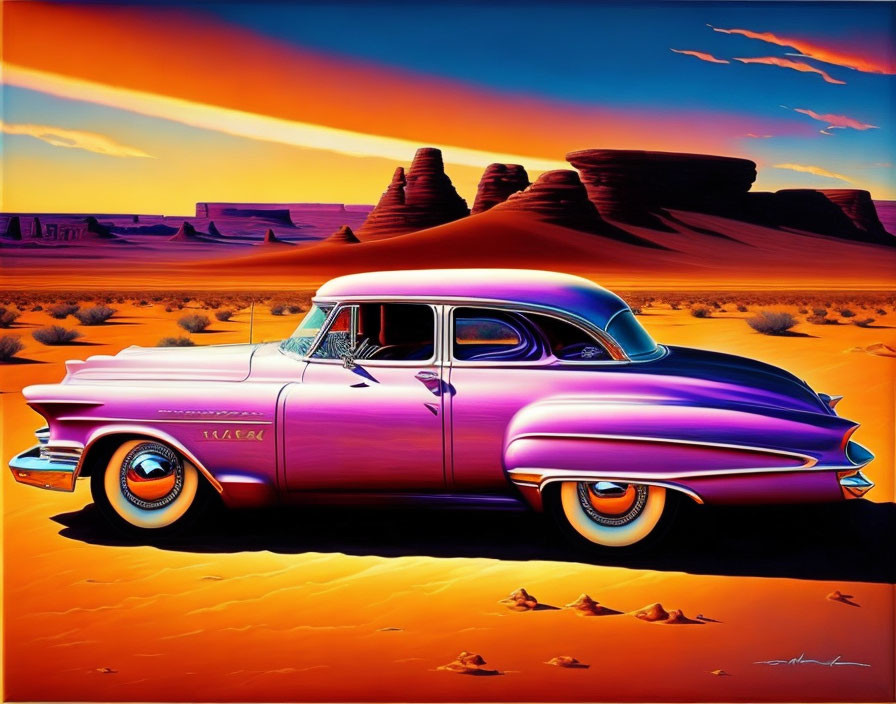 Colorful illustration of purple car in desert with orange sand and blue sky