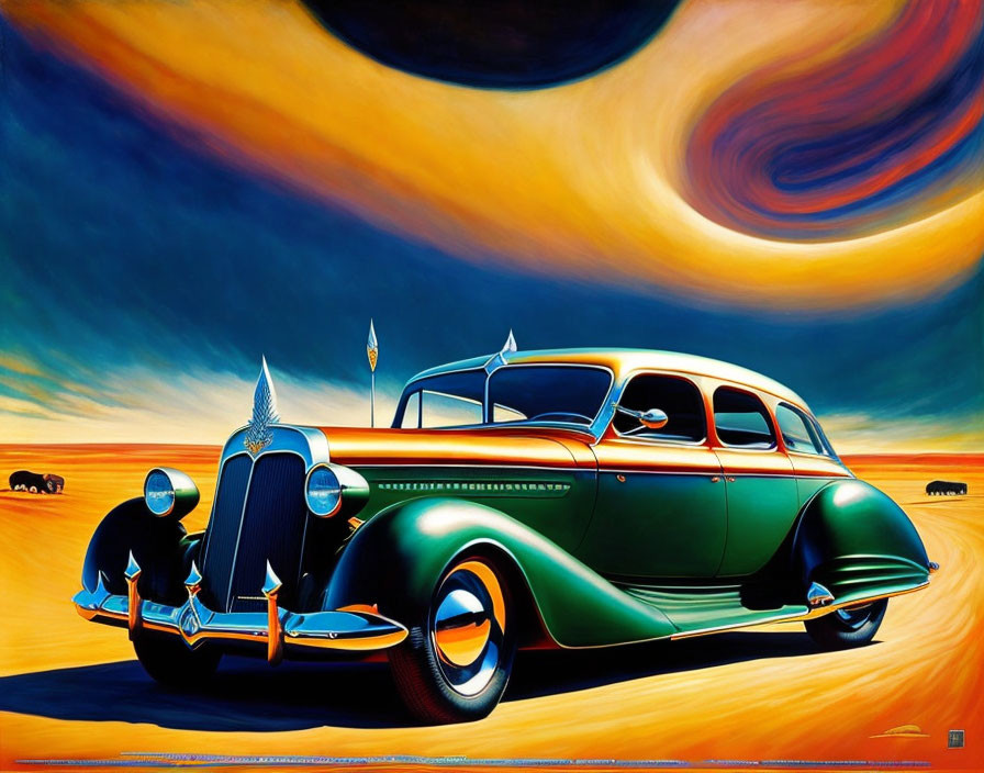 Vintage green car with chrome details under orange and blue sky with animal silhouettes