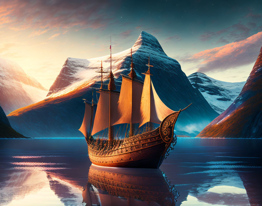 Vintage sailing ship sailing amidst snow-capped mountains at sunset