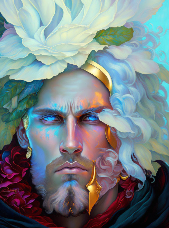 Colorful portrait of a man with blue eyes, gold earrings, headband, white flower, and