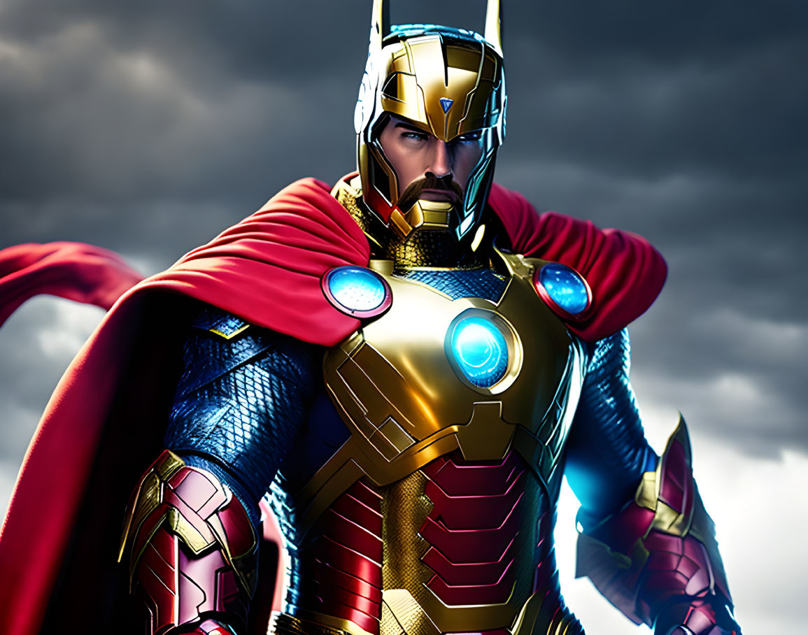 Detailed male superhero in red and gold armor with blue chest reactor, set against stormy sky