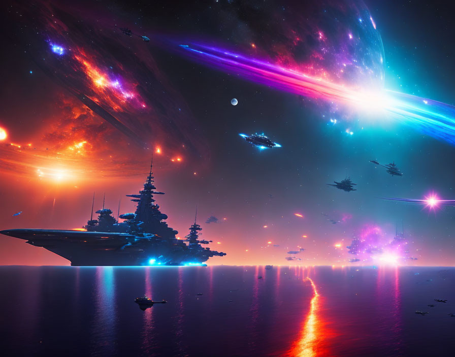 Sci-fi scene: Spaceships over sea, cosmic sky, moon, nebulae