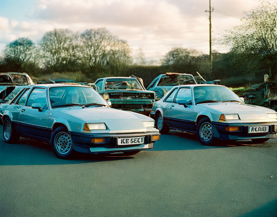 Vintage cars with customized plates on rural road at dusk