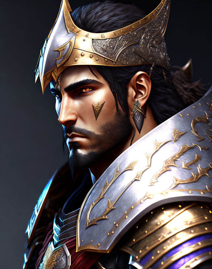 Regal male character digital artwork with crown and armor