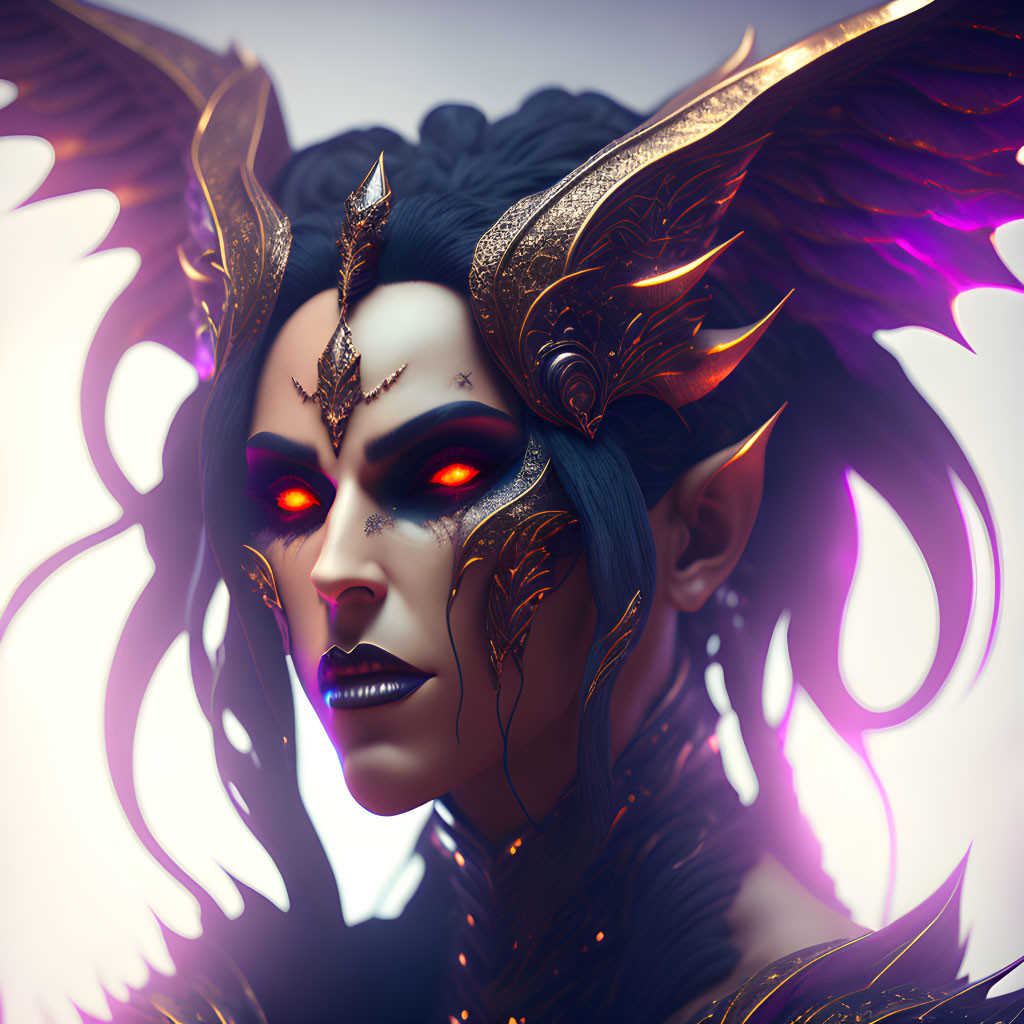 Fantasy Character with Dark Ears, Golden Crown, Red Eyes, and Purple Wings