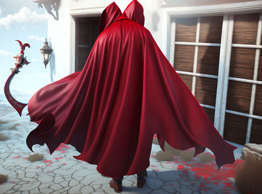 Mysterious figure in red cape near dragon lamp post and wooden door