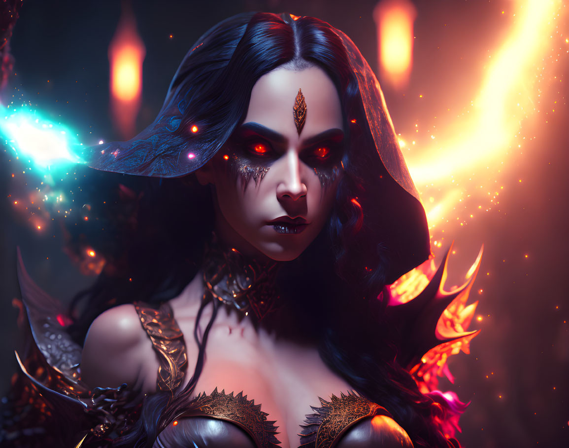 Dark-haired fantasy woman with red eyes in mystical armor.