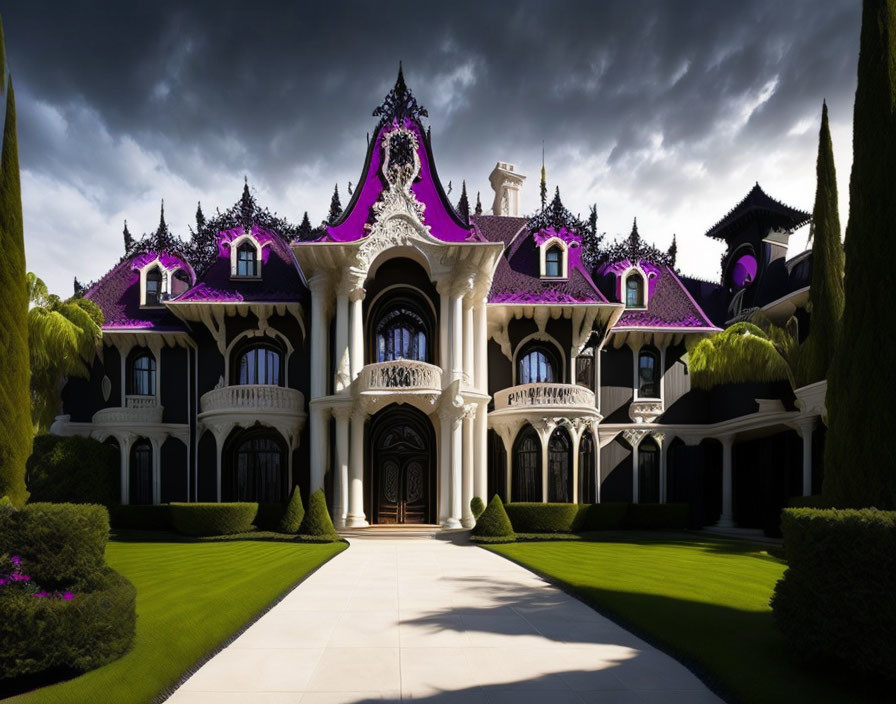 Gothic Mansion with Elaborate Purple Roofing and Manicured Lawns