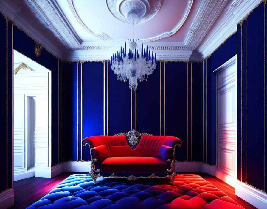 Luxurious Deep Blue Room with White Chandelier & Red Velvet Sofa