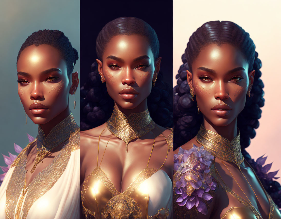 Digital portraits of a woman with gold-adorned outfit and varied lighting.