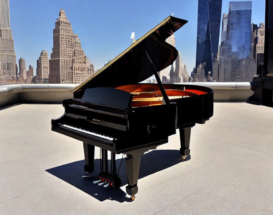 Grand Piano on Rooftop Overlooking Skyscraper Skyline