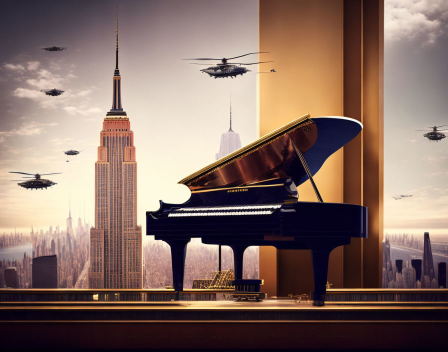 Grand Piano Overlooking Futuristic Cityscape with Flying Vehicles