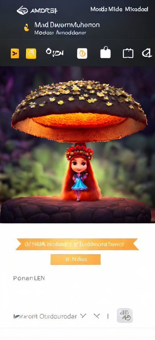 Colorful digital artwork of toy character with red hair and flower crown under a large animated mushroom.