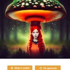 Colorful digital artwork of toy character with red hair and flower crown under a large animated mushroom.