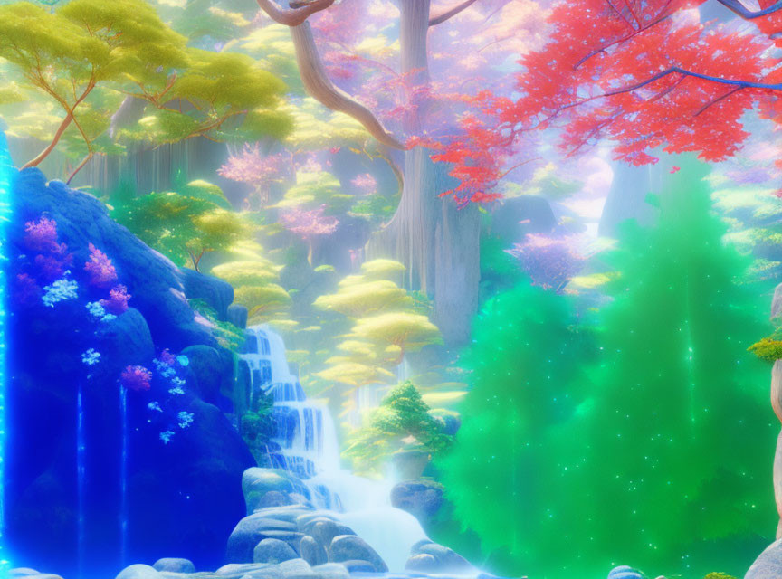 Colorful Trees, Waterfall, and Glowing Light in Enchanted Forest