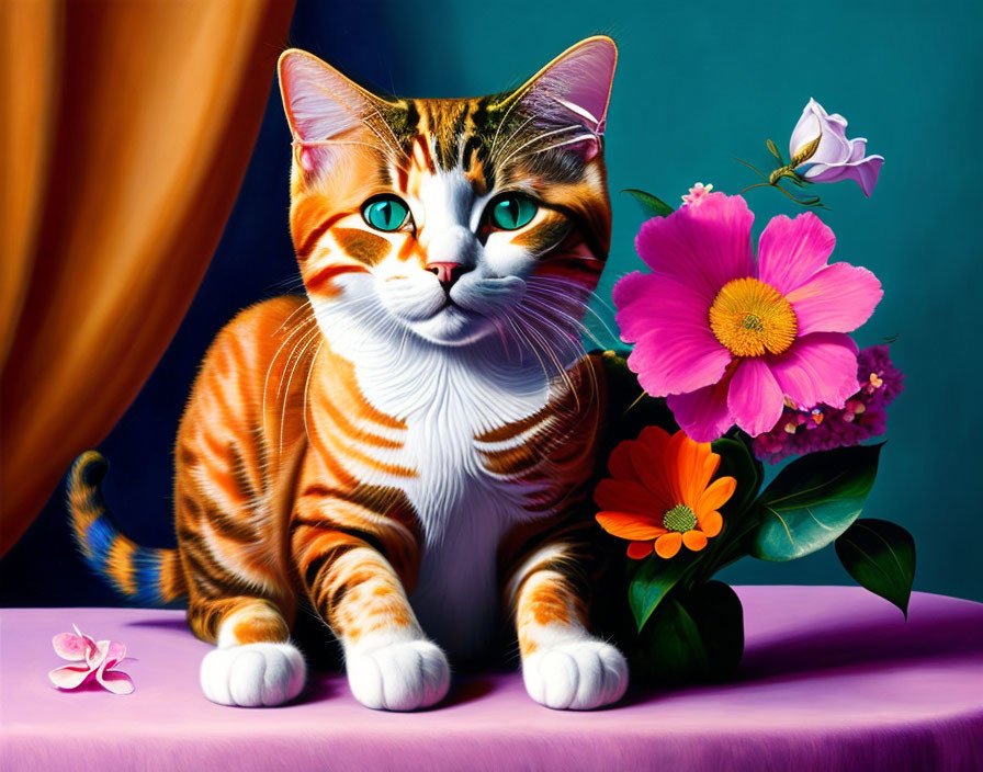 Colorful Cat Illustration with Flowers on Purple Surface