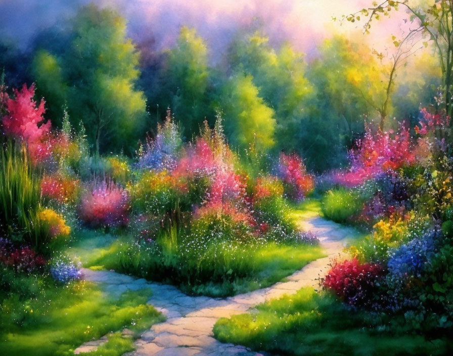 Colorful Watercolor Painting of Lush Garden with Stone Path