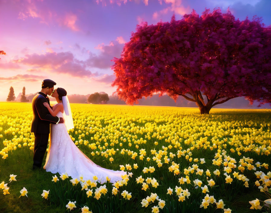 Wedding couple embraces in vibrant field with purple tree and sunset